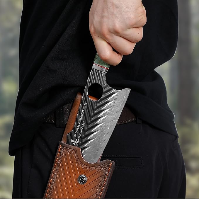 SHANGDAO Damascus Butcher Knife 7 Inch, Viking Cleaver Kitchen Knives with Leather Sheath - 67 Layers Alloy Steel with Professional Hand Forged Resin & Wood Handle QILIN Series