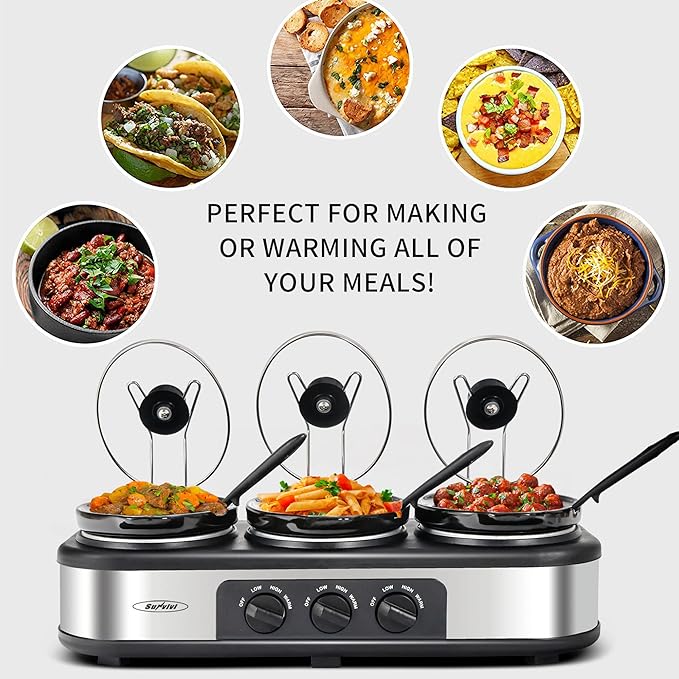 Sunvivi Slow Cooker, Triple Slow Cooker Buffet Server and Food Warmer, 3-Section 1.5-Quart Upgraded Oval Ceramic Pot with Stainless Steel Lid Rests, 3 Spoons, Total 4.5 QT