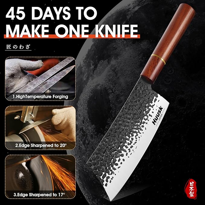 Huusk Japanese Cleaver Knife for Meat Cutting, 6.7 inch Hand Forged Chef Knife High Carbon Steel Sharp Kitchen Knife for Chopping Vegetable, Gift for Dad