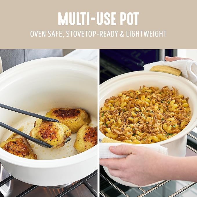 GreenLife 3.5QT Slow Cooker, Non-Toxic PFAS-Free Ceramic Nonstick Removable Interior Bowl, Programmable, Keep Warm, Stovetop & Oven Safe, Dishwasher Safe Parts, Glass Lid, Cream