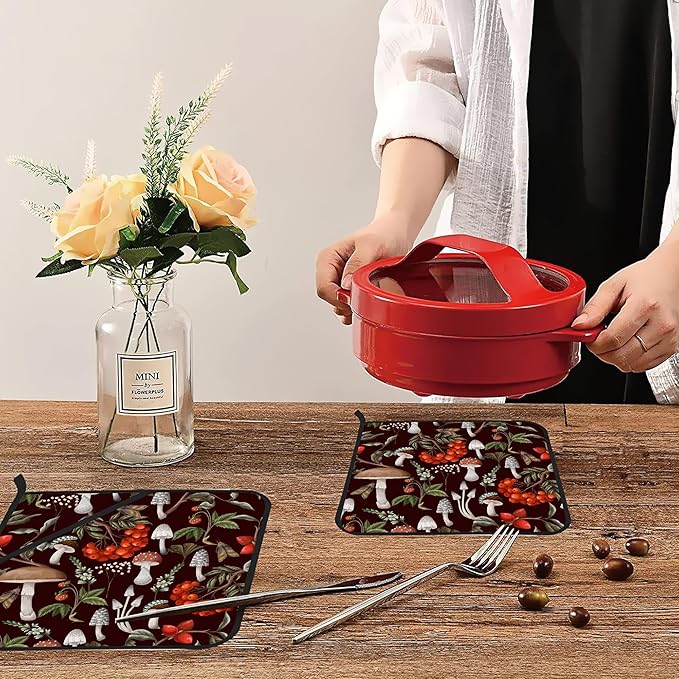Mushrooms Pot Holders Set of 2 Heat Resistant & Non Slip Potholders, Berries and Plants Oven Hot Pads for Kitchen Cooking Baking Barbecue