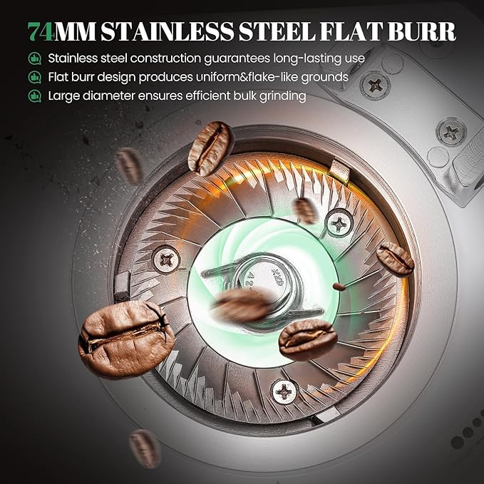 Huanyu Professional Coffee Grinder with 74mm Flat Burr 53ounce Bean Hopper 15 Infinite Grinding Settings Electric Coffee Grinder with Touching Screen White