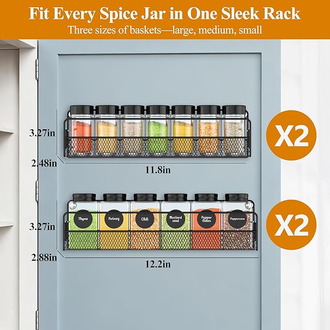Wall Mounted Spice Rack Organizer, Pantry Door Organizer & Hanging Storage Baskets, Metal Spice Shelf for Kitchen Cabinet, 3 Depth Sizes Hold Large Jars to Nail Polish Bottles, 4 Pack