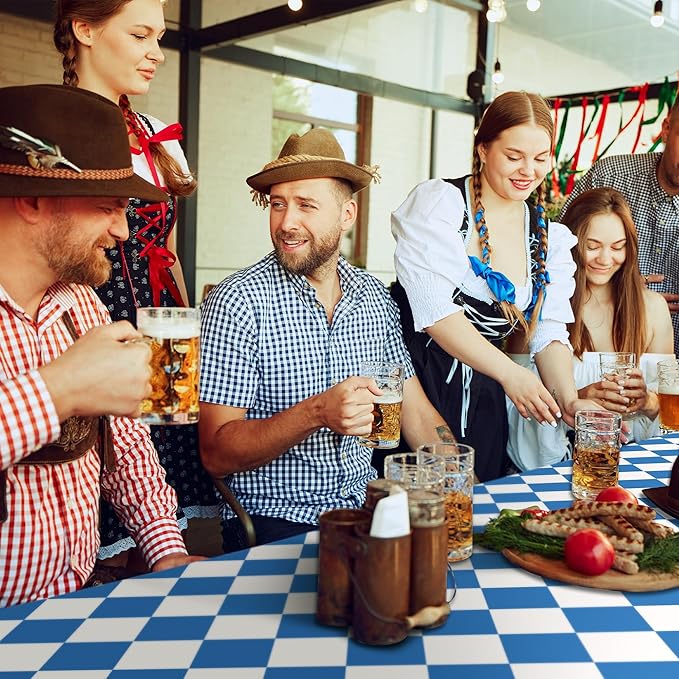 100 Ft x 54 Inch Oktoberfest Plastic Tablecloth Roll with Slide Cutter Box Disposable Bavarian Blue & White Argyle Design, Waterproof Blue Diamond Table Cover for Festivals Events Party Decor