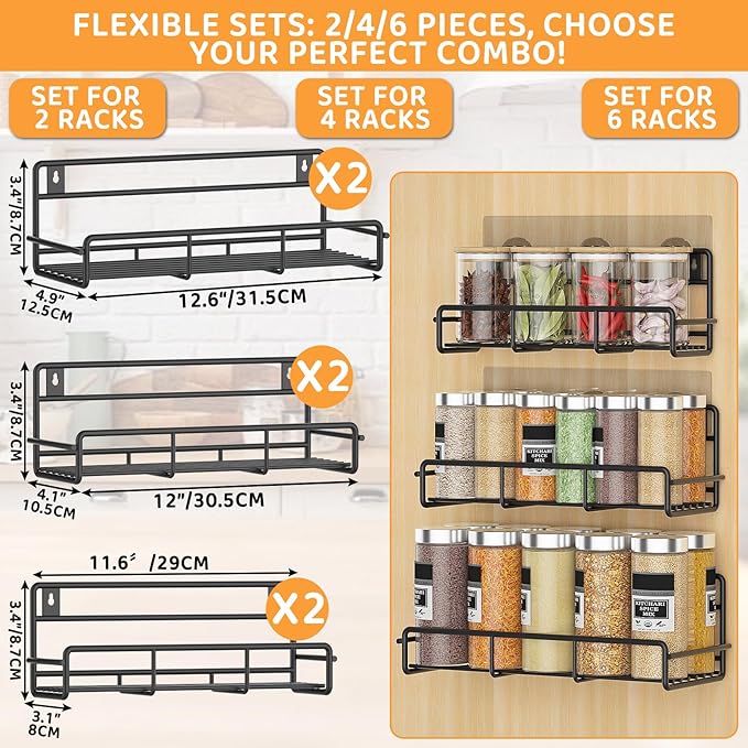 6 Pack Wall Mount Spice Rack Organizer, for Kitchen Pantry Door Storage and Organization, Heavy-Duty Metal Kitchen Spice Rack, Flexible Wall Iron Shelves with Adhesive Hook, Black