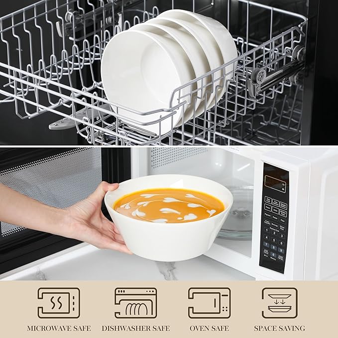 MALACASA Large Salad & Soup Bowls - Set of 4, 60 OZ Porcelain White Bowls for Ramen, Pasta, Pho - Microwave & Dishwasher Safe