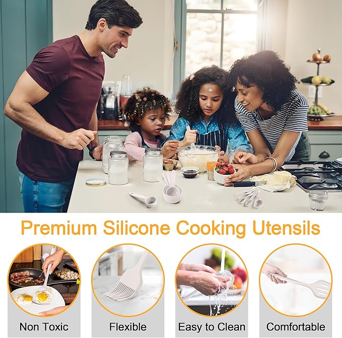 E-far Silicone Cooking Utensils Set, 25 Piece Kitchen Utensils with Holder, Non Toxic Kitchen Tools Spatula, Turner, Spoon, Ladle, Heat Resistant & Dishwasher Safe - Khaki