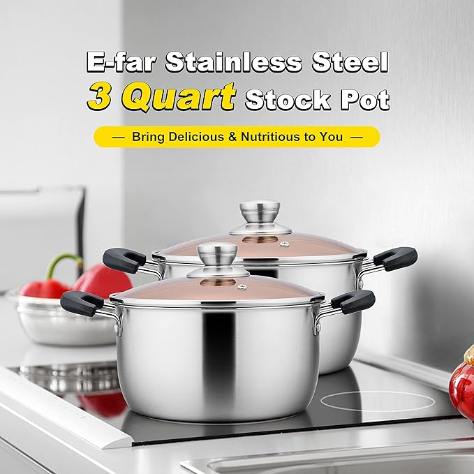 E-far 3 Quart Stock Pot, Stainless Steel Metal Soup Pot with Glass Lid for Cooking, Healthy & Rust Free, Heavy Duty & Dishwasher Safe