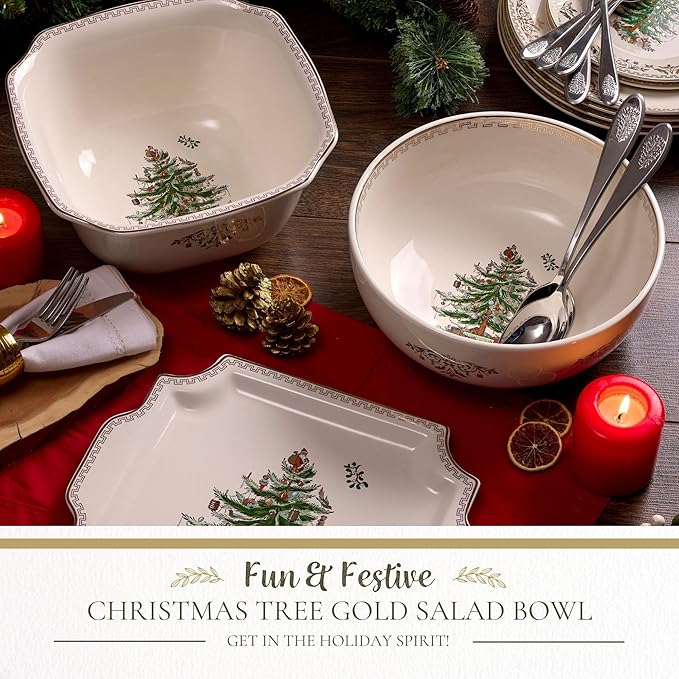 Spode Christmas Tree Gold Large Round Bowl - 10-Inch Stoneware Bowl for Serving Salad, Pasta, and Side Dishes - Elegant Holiday Serving Dish with 22K Gold Accents, Dishwasher Safe