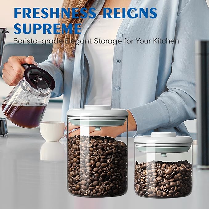 Coffee Container - Kitchen Food Storage Container with One-Way CO2 Valve, Press-on Lid Glass Coffee Canister with Scoop UV Protection for Grounds, Beans, 11 oz Grey