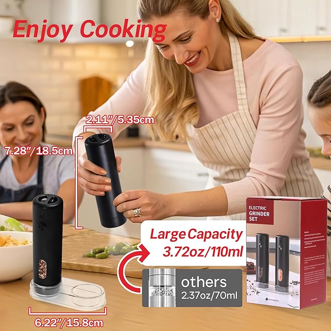 Electric Salt and Pepper Grinder Set – Rechargeable Automatic Mills with 6-Level Adjustable Coarseness, White LED Light, Large 110ml Capacity and Storage Base