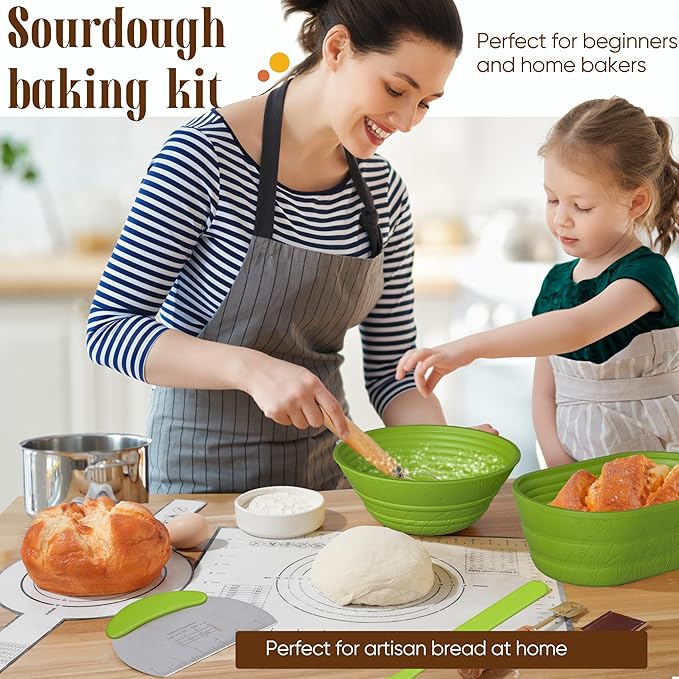 Sourdough Starter Kit with Jar – Complete Sourdough Bread Baking Supplies for Beginners, Includes 2 Silicone Proofing Baskets Baking Mat Sour Dough Kit - Green