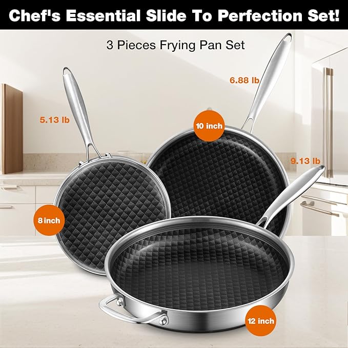 12-Inch Non Stick Frying Pans, NonStick Stainless Steel Pan Set, Tri-Ply Skillets and Pan Set with Lid, Induction Cooker Compatible, Cool-Touch Handle, Dishwasher and Oven Safe