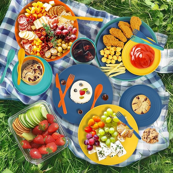 64-Piece Service for 8 Dinnerware Set - Unbreakable Wheat Straw Dinnerware sets of 64 - Dinner plates/Snack plates/Cereal bowls/Drinking Cups/Cutlery for Outdoor camping and indoors.Colorful