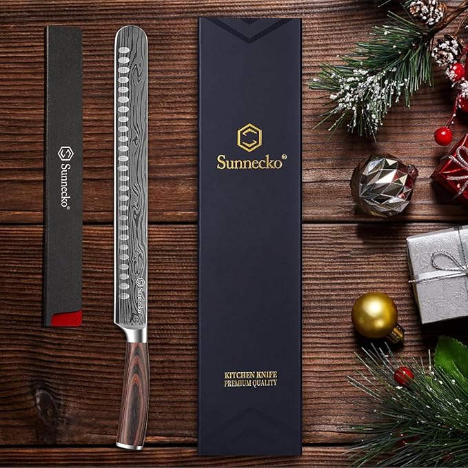 Sunnecko 12 Inch Carving Knife,Ultra Sharp High Carbon German Stainless Steel Brisket Slicing Knife for BBQ, Roasts, Turkey