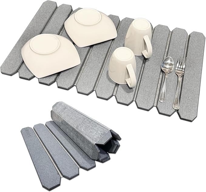 Large Stone Dish Drying Mat – Foldable Placemat Made with Diatomaceous Earth – Super Absorbent Drying Mat for Kitchen Counter – Modern Kitchen Essentials For Dishes, Bottles & More – 24"x16"