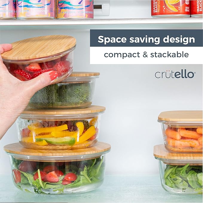 Crutello Glass Meal Prep Containers with Bamboo Lids, 4 Pack - Airtight Clear Food Storage Canisters for Kitchen Organization - A Family-Owned American Brand