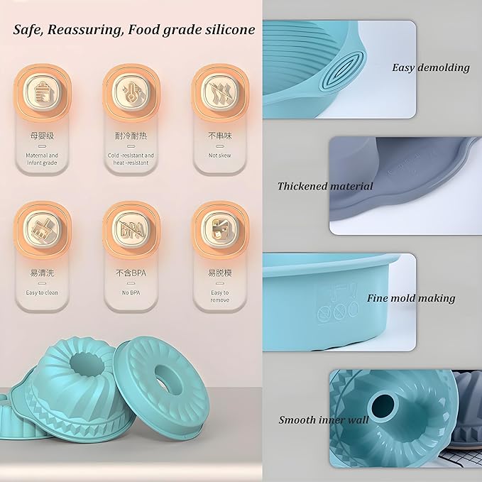 Thickened Silicone Bundt Cake Pan and Moldes Para Gelatinas, Heavy Duty Cake Mold for Baking, BPA Free, Mint Green (Pudding Jelly 12-Cups / 1Pcs) 