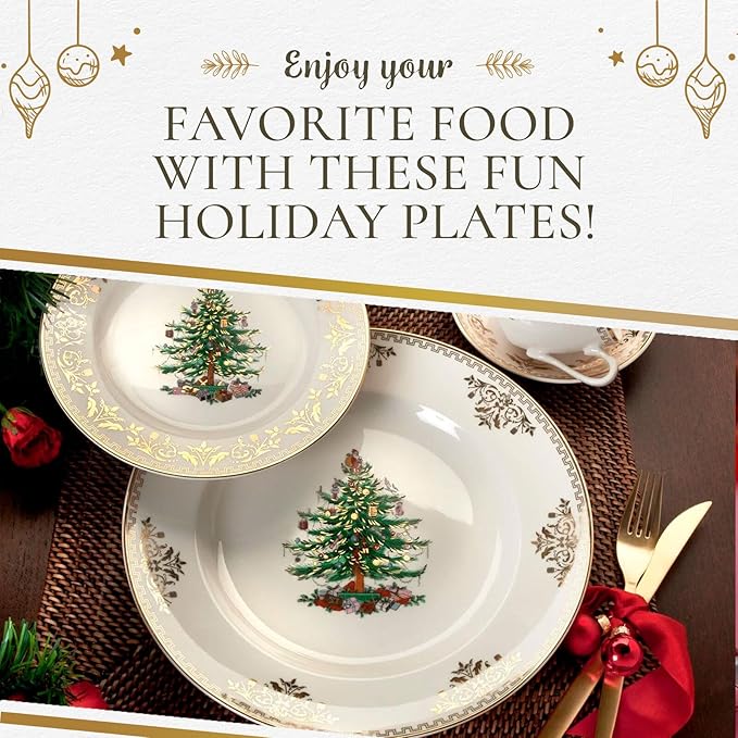 Spode Christmas Tree Gold Salad Plate (Set of 4) - 8-Inch Porcelain Dinner & Appetizer Plate, Christmas Dinnerware, Microwave & Dishwasher Safe, Festive Collectible Seasonal Dining Plate