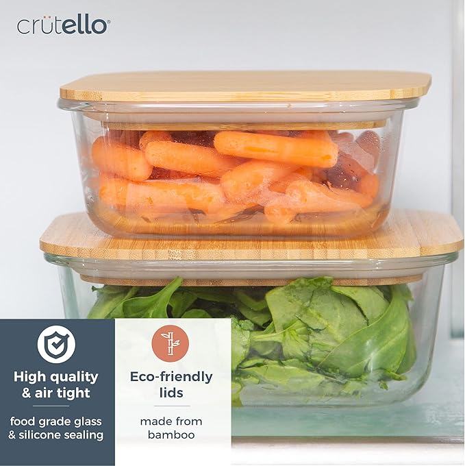 Crutello Glass Storage Containers with Bamboo Lids - Eco-Friendly Non Toxic Meal Prep Jars with Wooden Lid for Fridge and Kitchen Organization - Non Plastic Container for Fruit Bowls 2 Pack