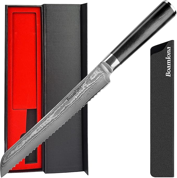 Damascus kitchen Knife, Japanese VG10 Steel Core, Sturdy & Durable G10 Handle, Real 67 Layer of Patterns, Includes Sheath and Gift Box (8" Bread Knifee)