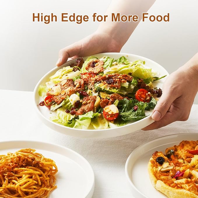 Jassceram 10.5 Inch Dinner Plates, Ceramic Flat Plates for Dining and Kitchen, High Edge Modern Plates - Microwave, Oven and Dishwasher Safe, Scratch Resistant and Lead-free, Set of 6, White