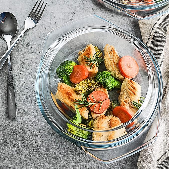 Clear Round Glass Casserole Dish With Lid Non-Plastic Lidded Casseroles Easy Grab Glass Cooking Bowls with Glass Lid, Microwave, Oven, Freezer, and Dishwasher Safe (1.5L)