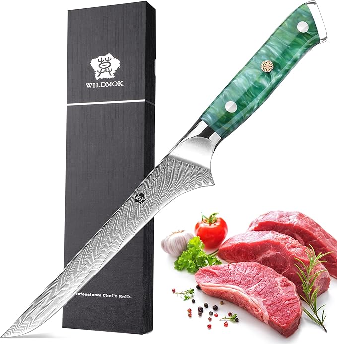 WILDMOK 7 inch Damascus Fillet Knife, Japanese Damascus Steel Boning, Carving, Deboning, Full Tang Resin Handle, Gift Box