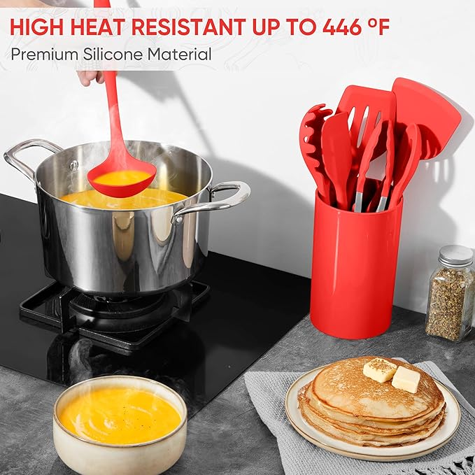 Herogo Silicone Cooking Utensils Set, 7-Piece Kitchen Utensils Set, Heat Resistant Cooking Gadget Tools Slotted Turner, Spoon, Soup Ladle, Pasta Server, Spatula, Tongs for Nonstick Cookware, Red