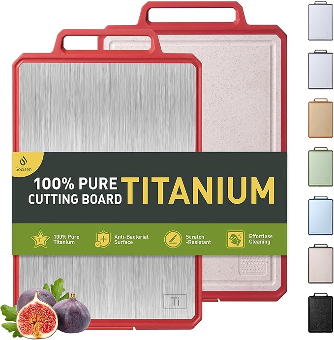 Titanium Cutting Boards for Kitchen Chopping Board with Handle Large Big Small Kitchen Meat Butcher Block 2 in 1 Pure Titanium and Wheat Straw PP Not Wood Bamboo Plastic Silicone Teak Red/Beige