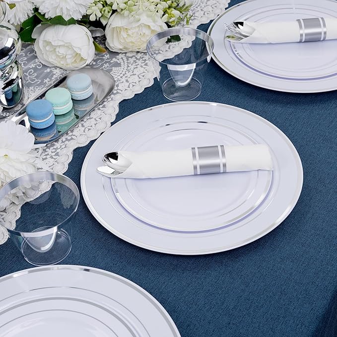 WDF 60PCS Silver Plastic Plates Disposable - Silver Plates Include 30 PCS 10.25inch Silver Dinner Plates and 30PCS 7.5inch Silver Salad Plates for Wedding & Party