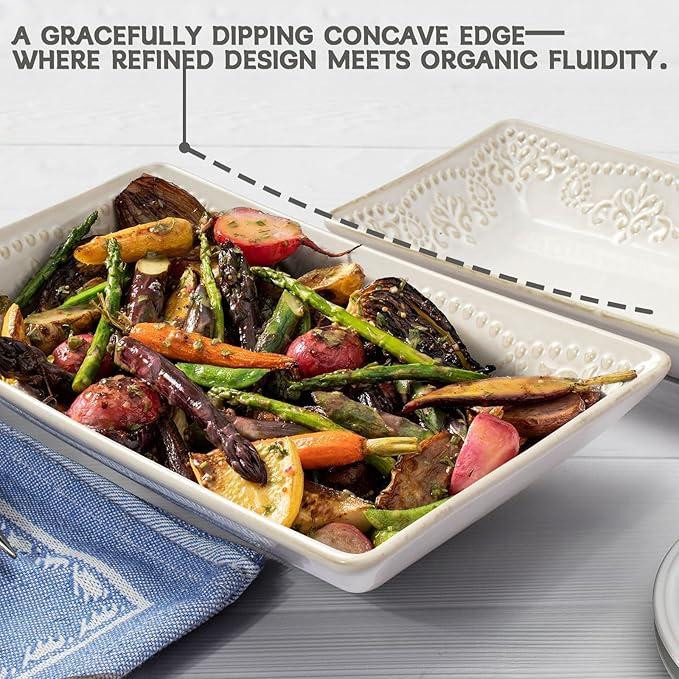 Artena Ceramic Pasta Bowls Set of 4-9.85 Inch Large Salad Bowls, 25 oz Serving Bowls for Soup, Dinner & Party - Embossed Microwave Safe Kitchen Dishes, Rectangle Plates (Multiple Patterns)