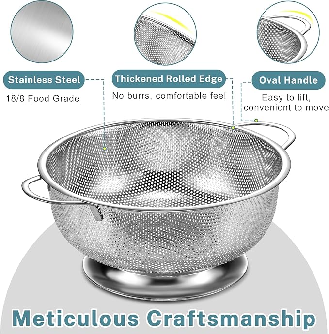 Pleafind 18/8 Stainless Steel Colander for Kitchen - 5 qt and 3 qt, Micro-Perforated Metal Colander Strainer with Handle, Solid Base Pasta Strainer, Rust-Resistant & Dishwasher Safe