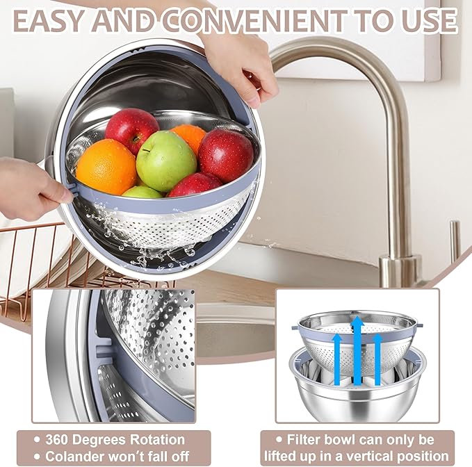 E-far Colander with Mixing Bowl Set, 4-1 Stainless Steel Colander Strainers Bowl with Graters for Kitchen, Rotatable Food Strainer Bowl for Rinsing Fruits Vegetables/Draining Pasta - Khaki