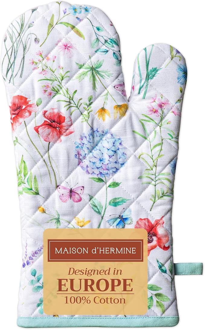 Maison d' Hermine Oven Gloves 100% Cotton Oven Mitt 7" x 13" with Loop Heat Resistant, BBQ, Cooking Gloves, Baking, Grilling, Kitchen, Handling Hot Pans Spring/Summer (Pack of 1, Just Floral)