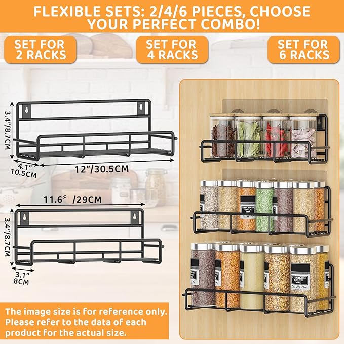 2 Pack Wall Mount Spice Rack Organizer, for Kitchen Pantry Door Storage and Organization, Heavy-Duty Metal Kitchen Spice Rack, Flexible Wall Iron Shelves with Adhesive Hook, Black