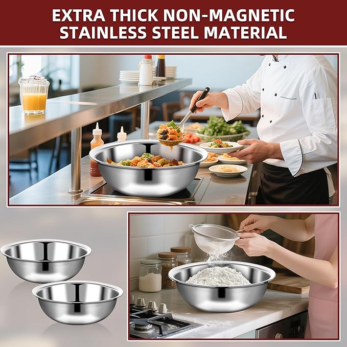 10 Pcs Stainless Steel Mixing Bowls Metal Mixing Bowls Extra Large Basin Salad Bowl with Deeper Edge, Dishwasher Safe, Mirror Finish for Home and Commercial, Silver (16 Inch 13 Qt)
