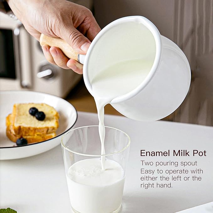 Enamel Milk Pot, Small Saucepan Milk Pot Butter Warmer 4 Inch 17 Oz Enamel Small Sauce Pan with Wooden Handle, Perfect Size for Heating Smaller Liquid Portions. (White)