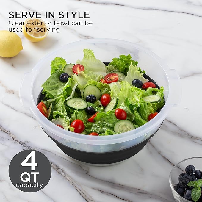 COOK WITH COLOR Collapsible Salad Spinner - 4 QT Space Saving Lettuce Dryer with Folding Collapsible Colander Great for Washing and Drying Fruit and Vegetables (Black)