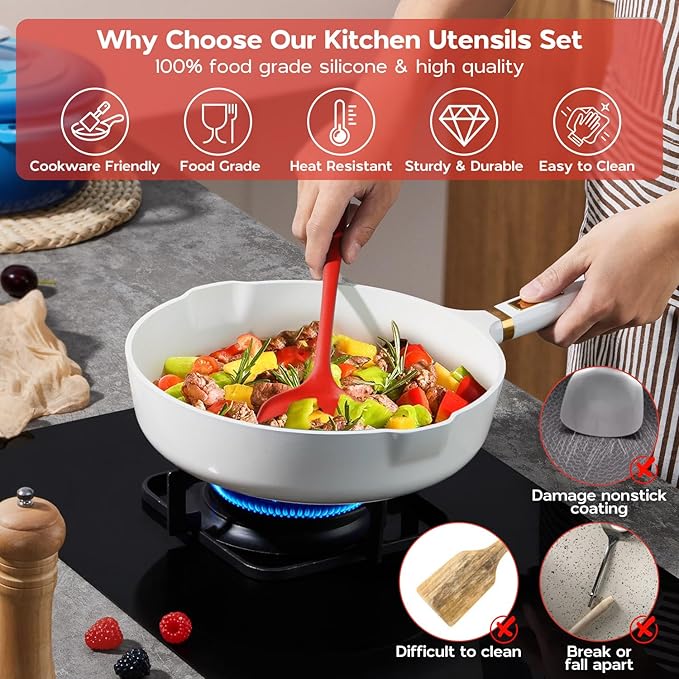 Silicone Cooking Utensils Set, Onader Red Kitchen Utensils 6 Pcs Set, Heat Resistant Kitchen Tool Kit, Nonstick Cookware Friendly & Non Toxic