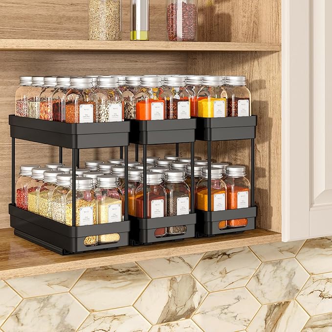 Pull Out Spice Rack Organizer for Cabinet,2-Tier Slide Out Spice Racks Organizer,Easy Installation Cabinet Organizer Seasoning Kitchen Organizer,4.4''Wx10.5''Dx8.26''H,3Pack