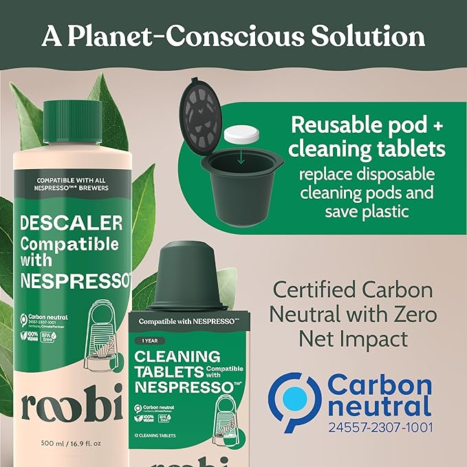 Roobi Descaling and Cleaning Kit Compatible with Nespresso Originaline. Includes 1 Bottle of Descaling Solution, 12 Cleaning Tablets and 1 Reusable Pod. Carbon Neutral. 1 Year Supply.