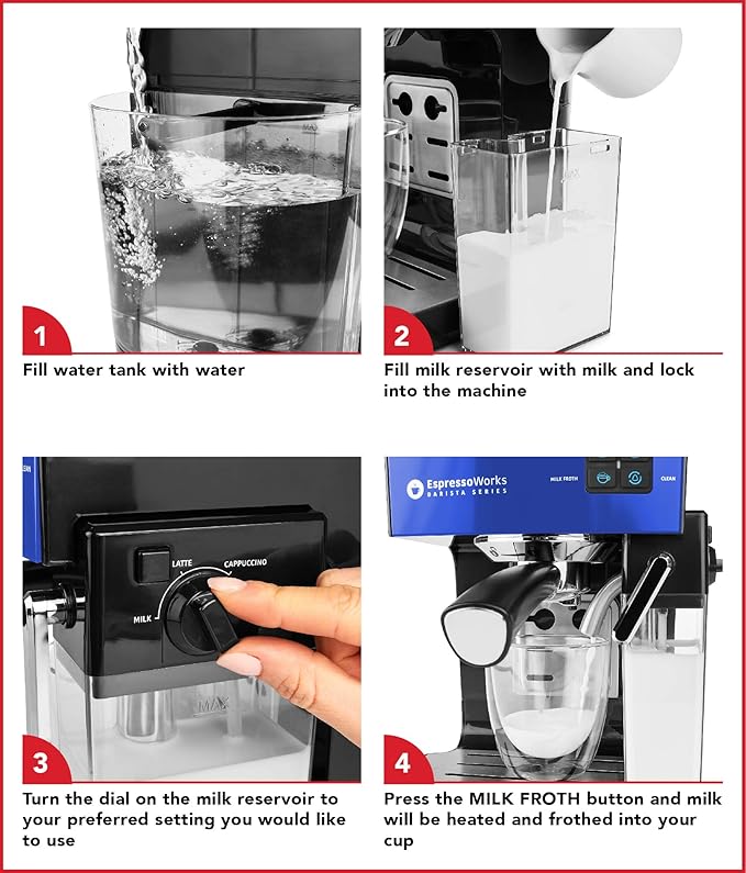 EspressoWorks 19-Bar Espresso, Cappuccino and Latte Maker 10-Piece Set - Brew Cappuccino and Latte with One Button - Espresso Machine with Milk Steamer 1250W - Coffee Gifts (Blue)