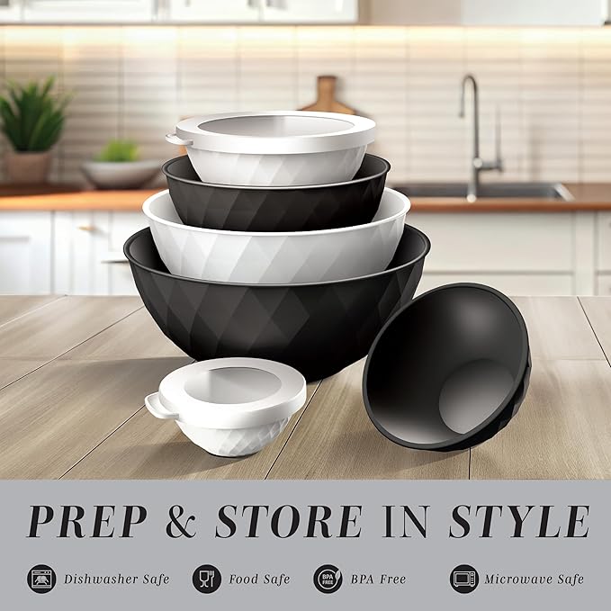 COOK WITH COLOR Mixing Bowls with Lids - 12 Piece Plastic Nesting Bowls Set includes 6 Prep Bowls and 6 Lids, Diamond Design - Microwave Safe (Mint)