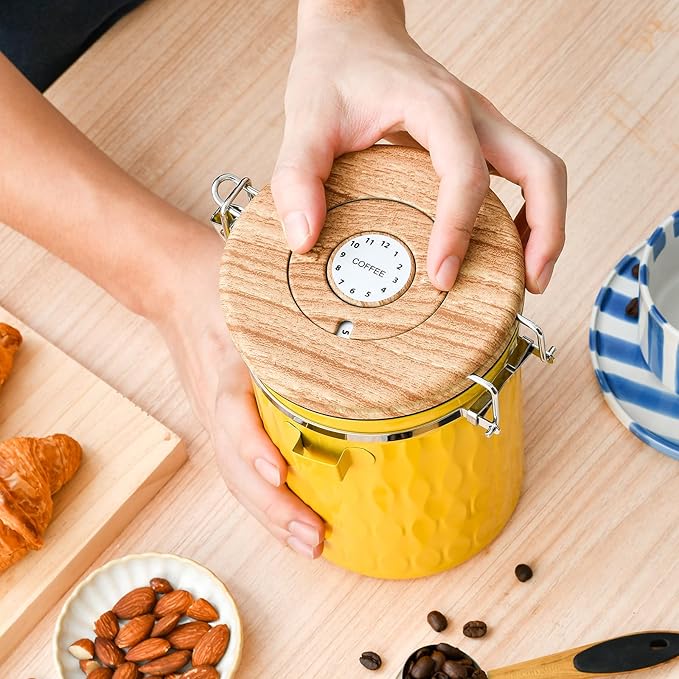 TEDSWAIT Coffee Container with Sealed Cantilever Lid and Scoop, Airtight Stainless Steel Kitchen Food Storage Canister with Date Tracker, 1.8L(Yellow)