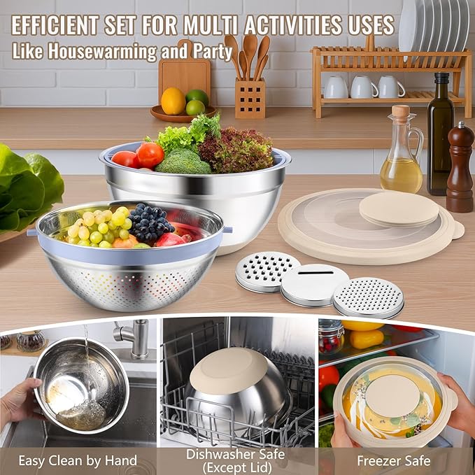 P&P CHEF 4-In-1 Stainless Steel Colander with Bowl Set, Rotatable Strainers for Kitchen, Fruit Cleaner, Washing Fruit & Draining Pasta, Mixing Bowl and Lid with Grater for Salad, Khaki