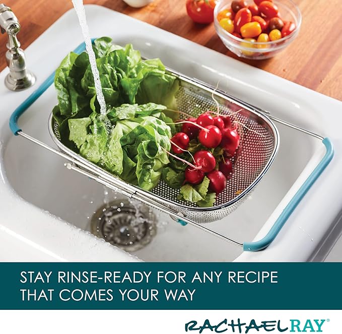 Rachael Ray Tools and Gadgets Over-The-Sink Colander/Strainer, 4.5 Quart, Stainless Steel with Agave Blue Handles