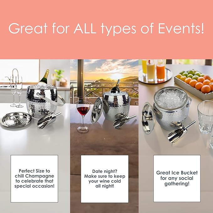 BREKX 3-QT Insulated Ice Buckets for Parties with Lid and Scoop - Iceberg Anchored Wine Chiller Champagne Bucket for Cocktail Bar, Metal Bucket with Lid, Non-Sweat