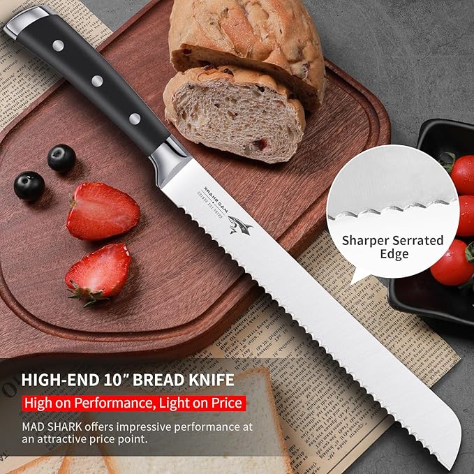 MAD SHARK Bread Knife 10 Inch Pro Serrated Bread Cutter, German High Carbon Stainless Steel Ultra Sharp Cake Knife with Ergonomic Handle, Ideal for Bread, Cakes, Bagels, and More