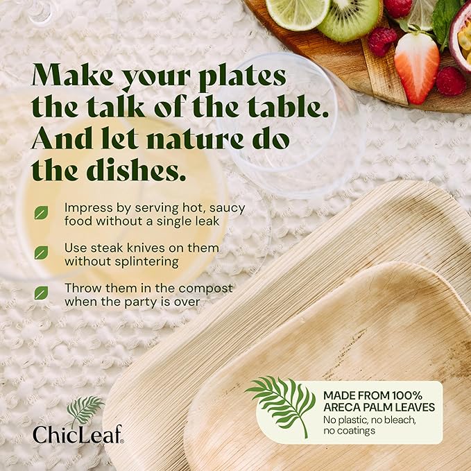 Chic Leaf Palm Leaf Bamboo Plates - 9-Inch Square, Pack of 50 - Eco-Friendly Compostable Platters - Microwave-Safe Disposable Plates - Durable Party Dishware